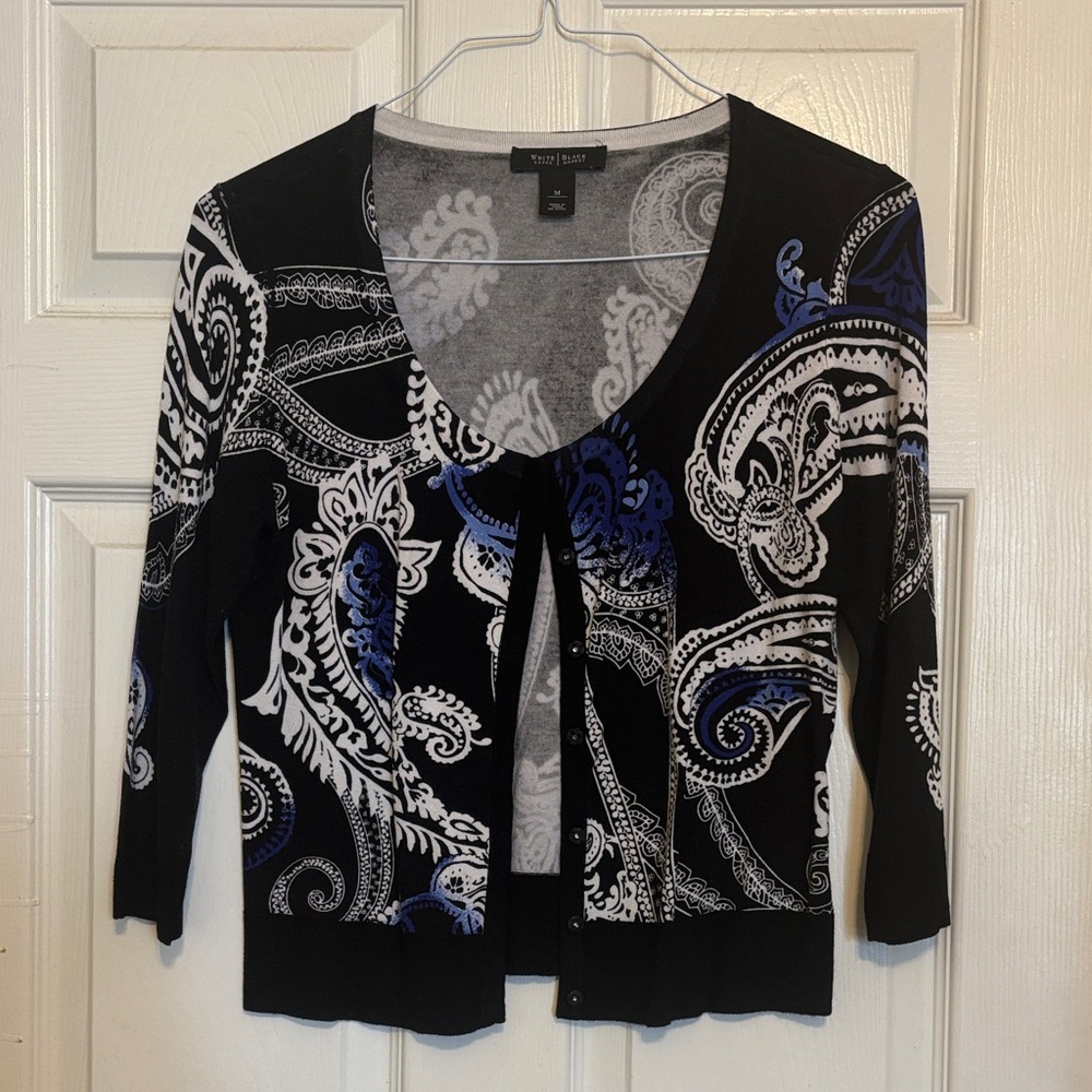 White House Black Market Black and Blue Paisley Cardigan